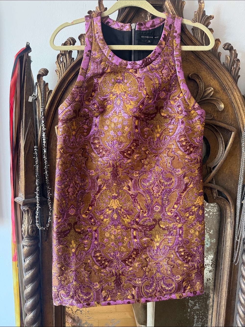 Barbara Bui Sleeveless Purple & Gold Jacquard Shift Dress